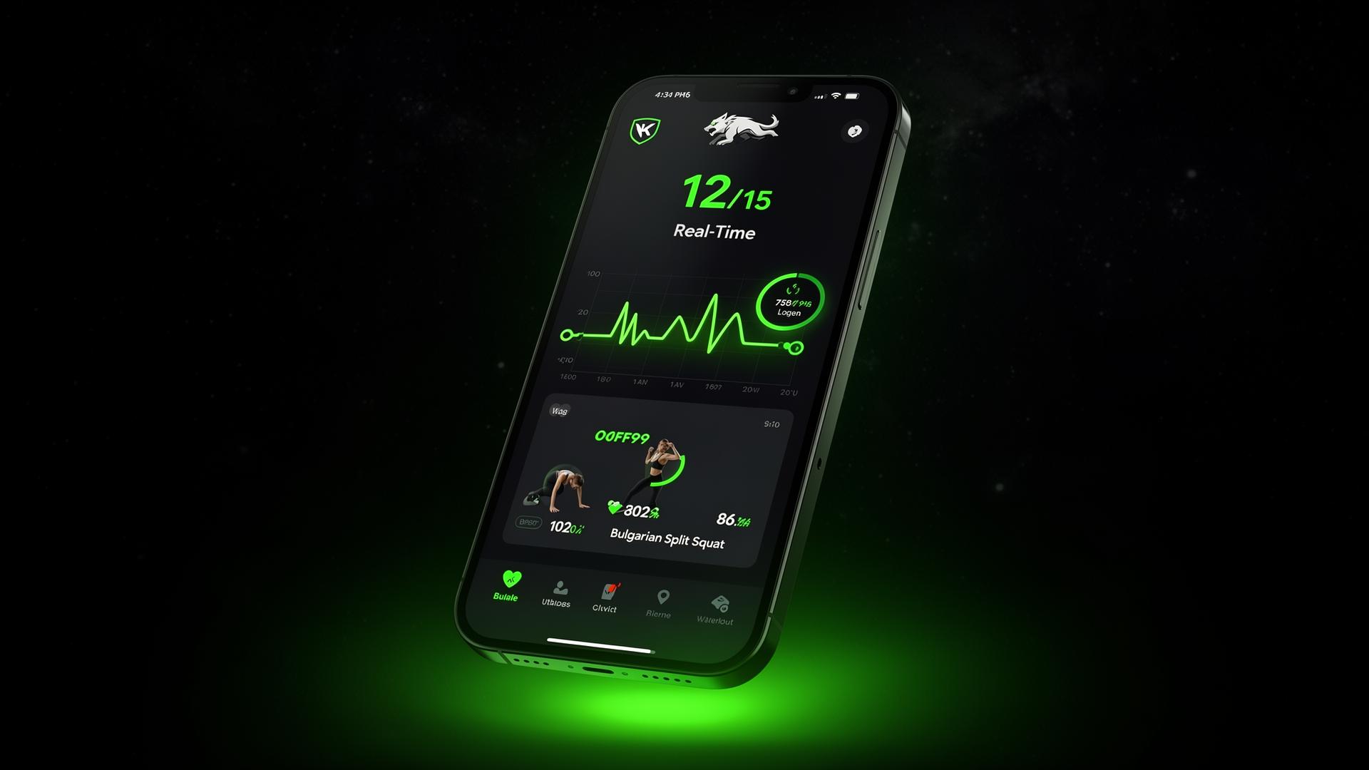 Koch fitness app dashboard showing rep counter, heart-rate graph and current exercise